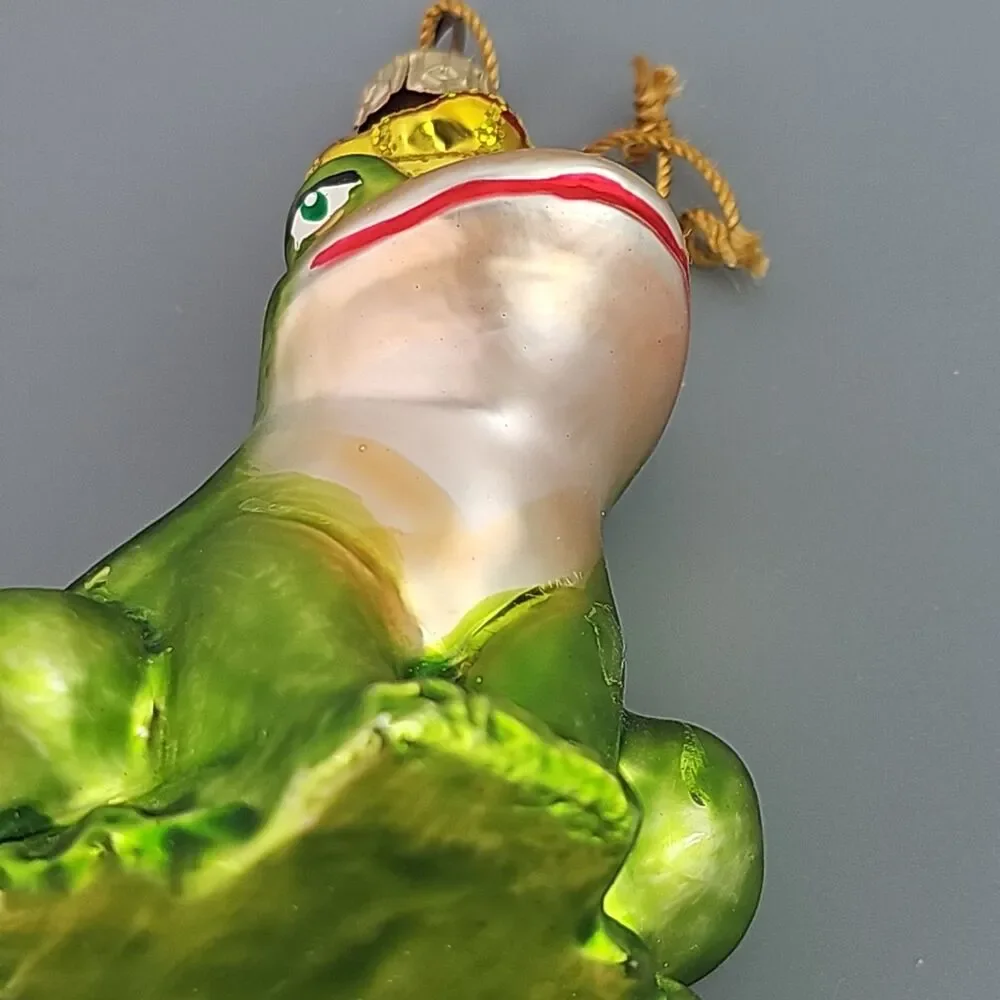 Blown Glass Frog Christmas Ornament Light Green Crown 3 inch